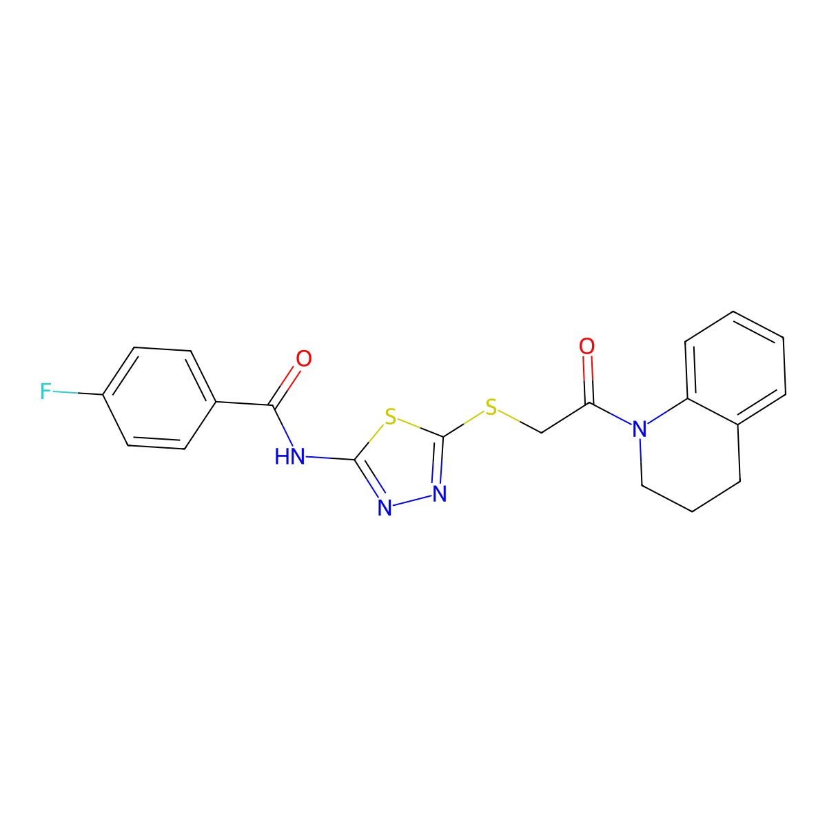 N-(5-((2-(3,4-dihydroquinolin-1(2H)-yl)-2-oxoethyl)thio)-1,3,4-thiadiazol-2-yl)-4-fluorobenzamide molecular structure, CAS 392300-25-3