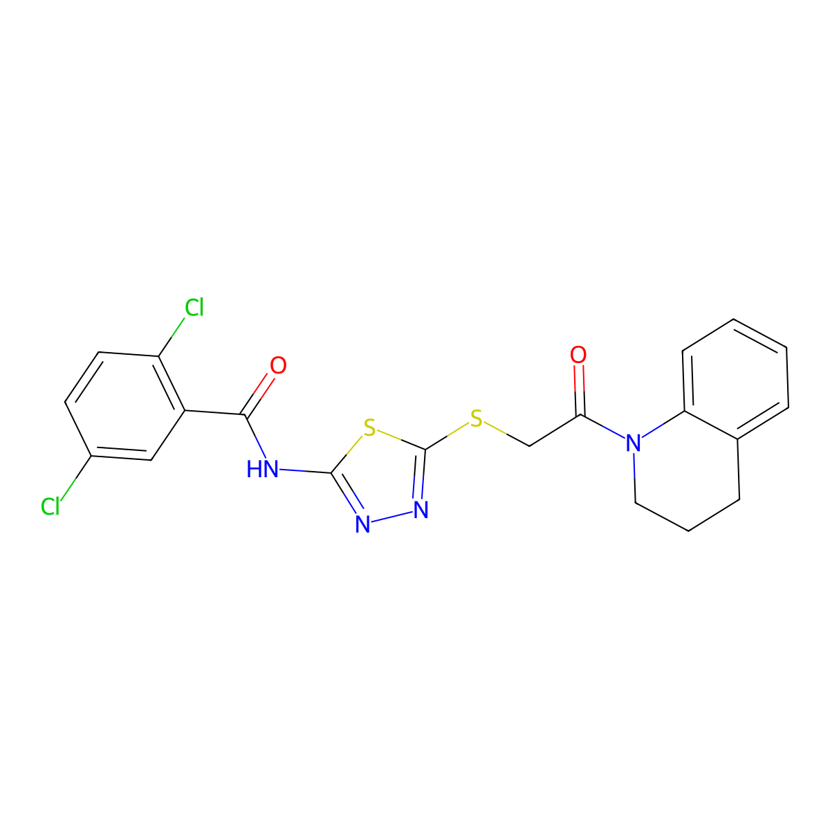 2,5-dichloro-N-(5-((2-(3,4-dihydroquinolin-1(2H)-yl)-2-oxoethyl)thio)-1,3,4-thiadiazol-2-yl)benzamide molecular structure, CAS 392300-40-2