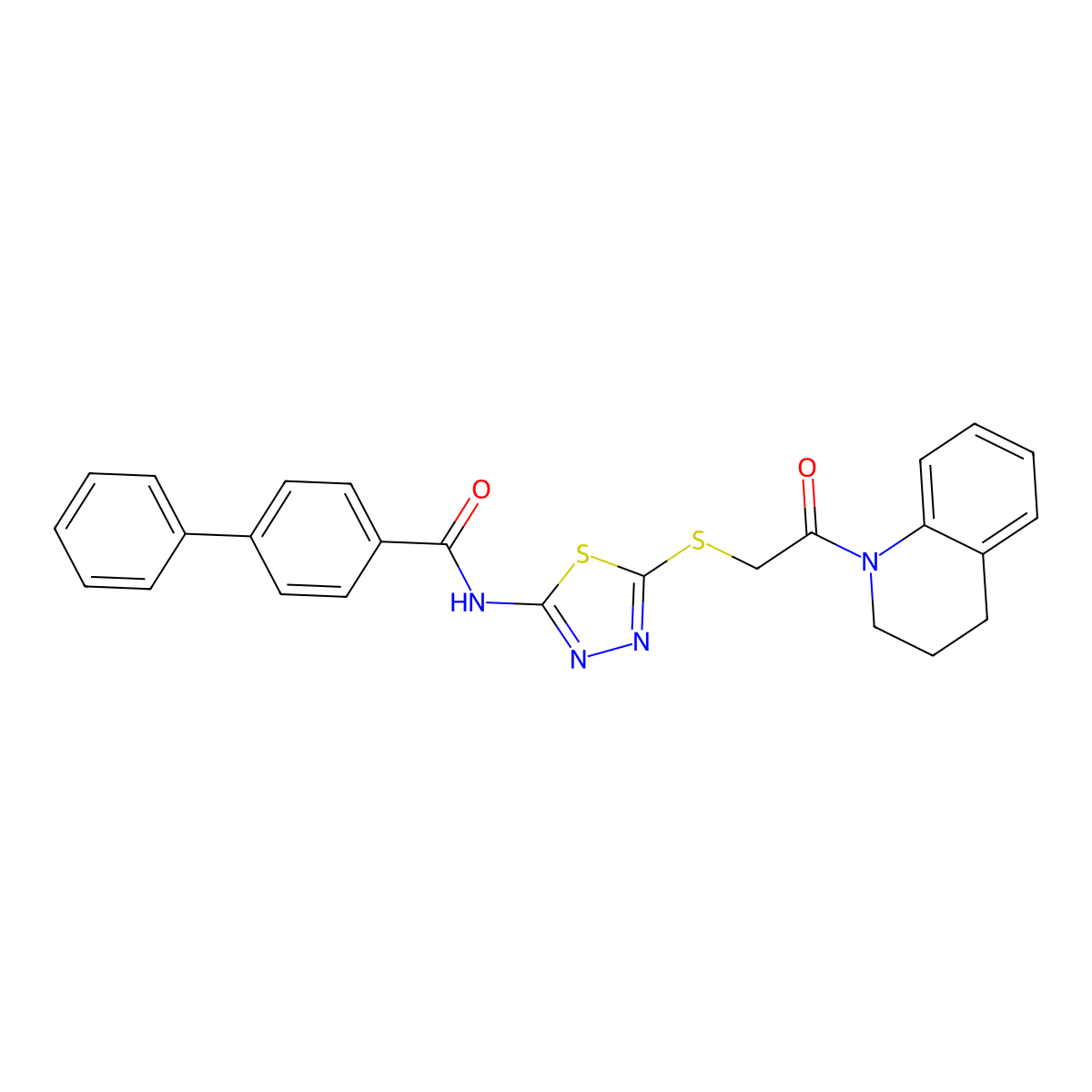 N-(5-((2-(3,4-dihydroquinolin-1(2H)-yl)-2-oxoethyl)thio)-1,3,4-thiadiazol-2-yl)-[1,1'-biphenyl]-4-carboxamide molecular structure, CAS 392300-48-0