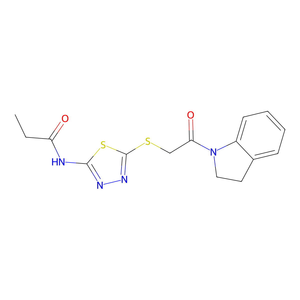 N-(5-((2-(indolin-1-yl)-2-oxoethyl)thio)-1,3,4-thiadiazol-2-yl)propionamide molecular structure, CAS 392300-56-0