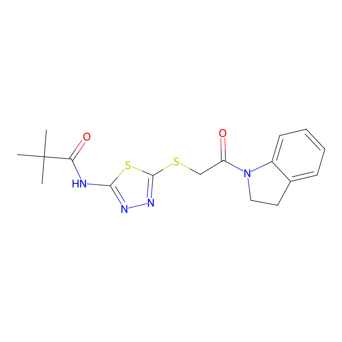 N-(5-((2-(indolin-1-yl)-2-oxoethyl)thio)-1,3,4-thiadiazol-2-yl)pivalamide molecular structure, CAS 392300-57-1
