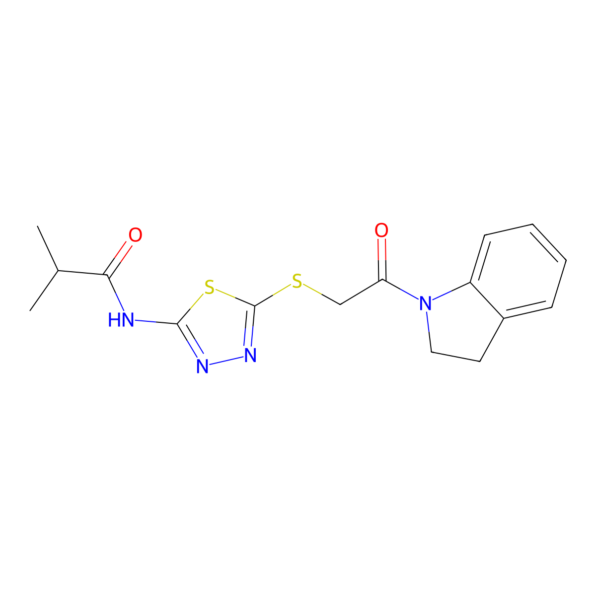 N-(5-((2-(indolin-1-yl)-2-oxoethyl)thio)-1,3,4-thiadiazol-2-yl)isobutyramide molecular structure, CAS 392300-58-2