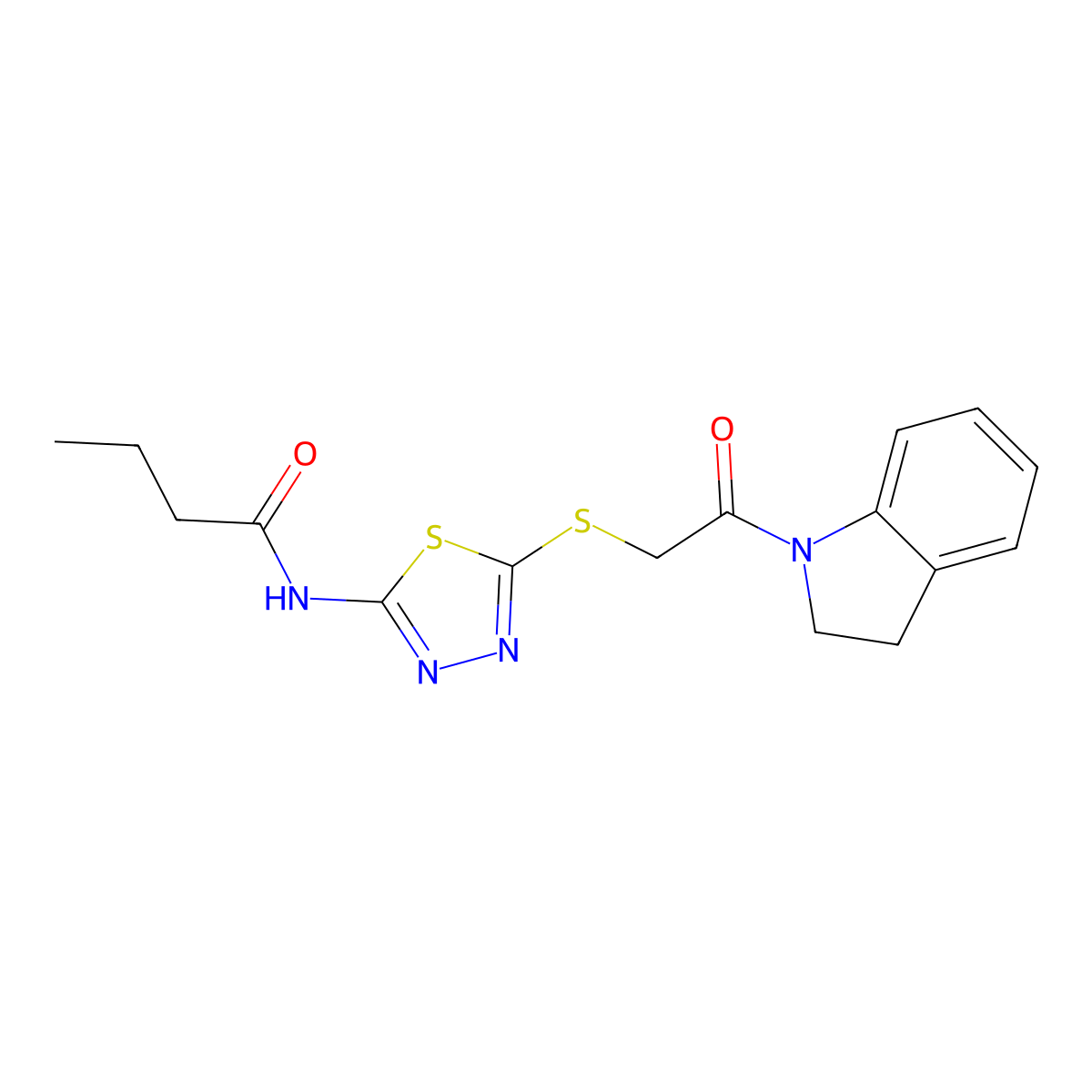 N-(5-((2-(indolin-1-yl)-2-oxoethyl)thio)-1,3,4-thiadiazol-2-yl)butyramide molecular structure, CAS 392300-59-3