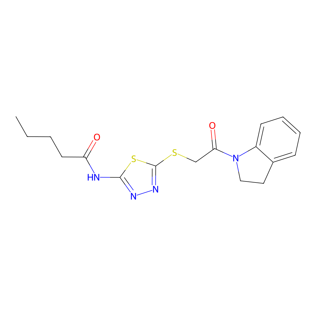 N-(5-((2-(indolin-1-yl)-2-oxoethyl)thio)-1,3,4-thiadiazol-2-yl)pentanamide molecular structure, CAS 392300-60-6