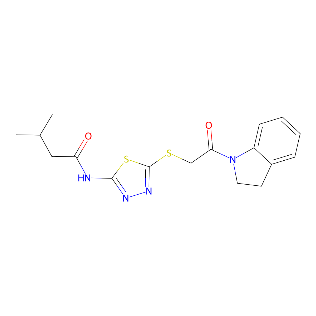 N-(5-((2-(indolin-1-yl)-2-oxoethyl)thio)-1,3,4-thiadiazol-2-yl)-3-methylbutanamide molecular structure, CAS 392300-61-7