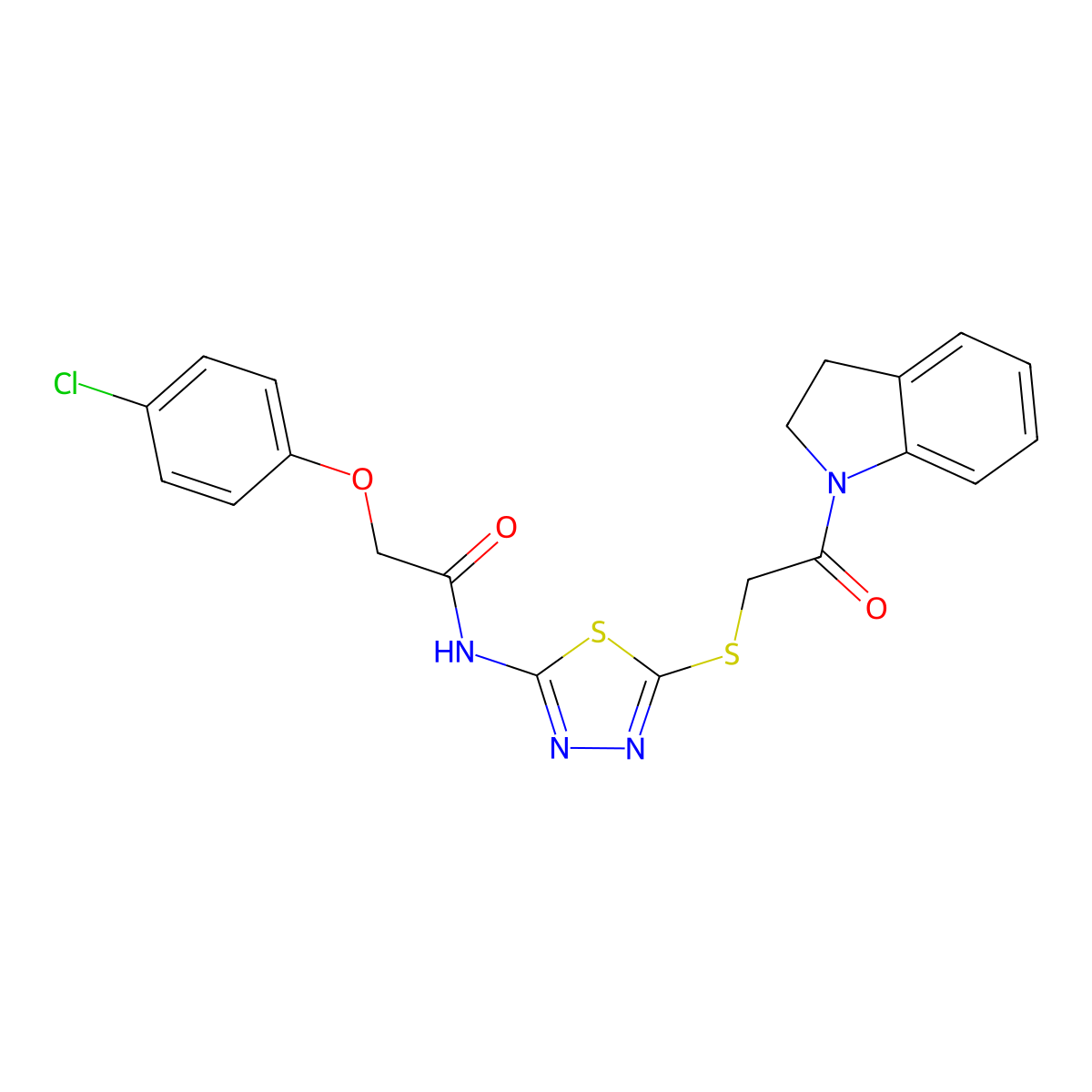 2-(4-chlorophenoxy)-N-(5-((2-(indolin-1-yl)-2-oxoethyl)thio)-1,3,4-thiadiazol-2-yl)acetamide molecular structure, CAS 392300-62-8