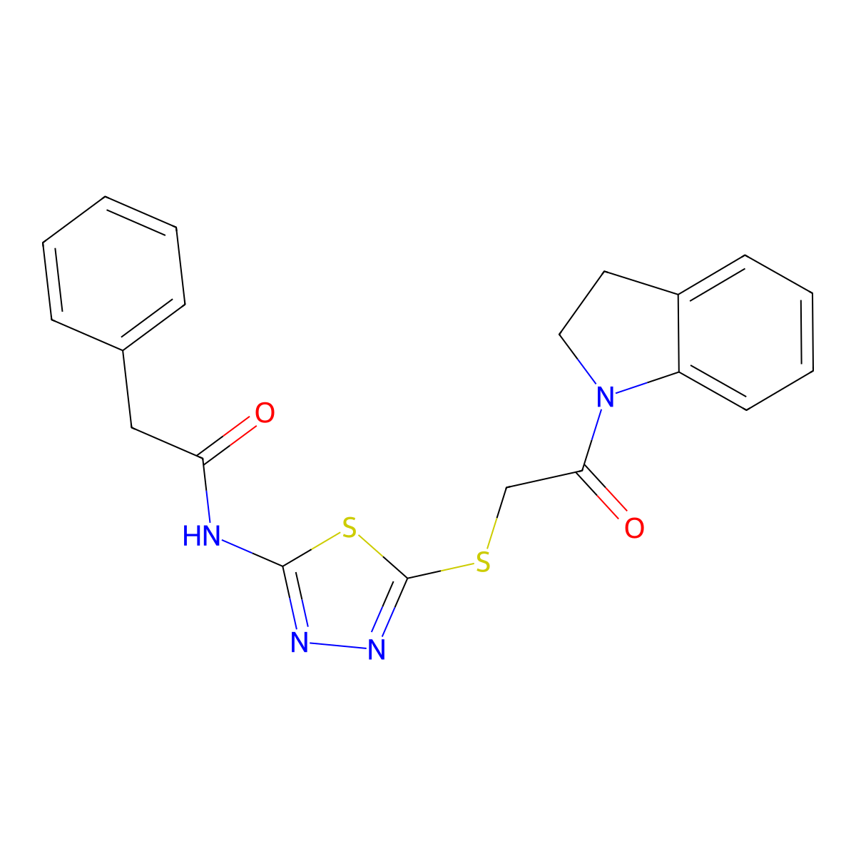 N-(5-((2-(indolin-1-yl)-2-oxoethyl)thio)-1,3,4-thiadiazol-2-yl)-2-phenylacetamide molecular structure, CAS 392300-63-9