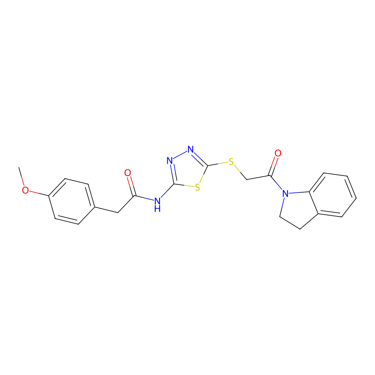 N-(5-((2-(indolin-1-yl)-2-oxoethyl)thio)-1,3,4-thiadiazol-2-yl)-2-(4-methoxyphenyl)acetamide molecular structure, CAS 392300-64-0