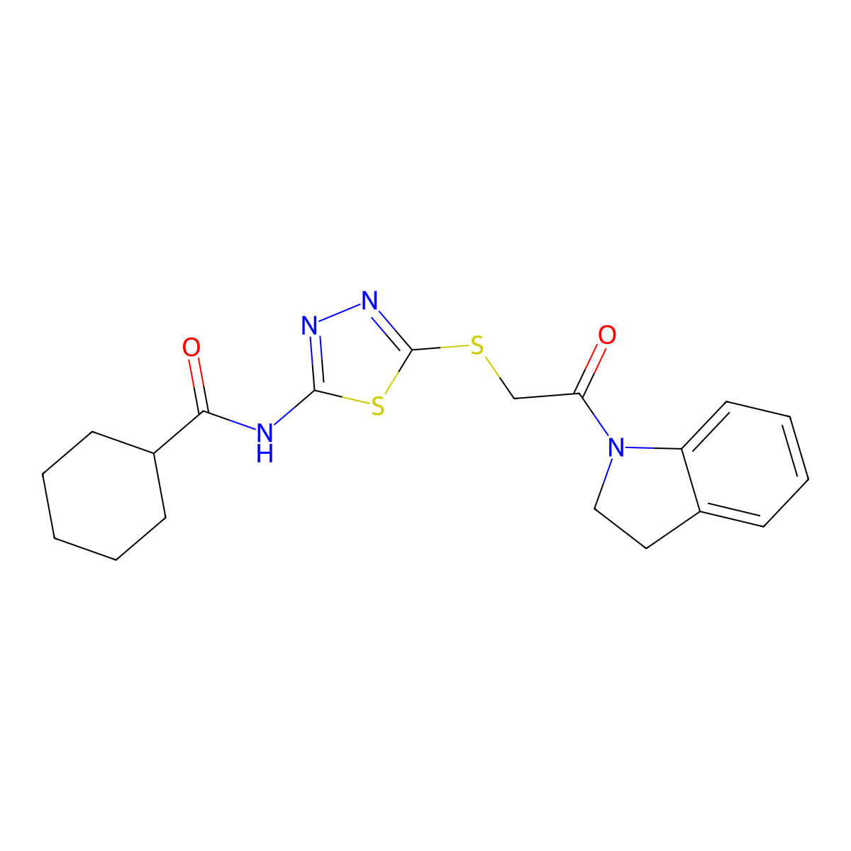 N-(5-((2-(indolin-1-yl)-2-oxoethyl)thio)-1,3,4-thiadiazol-2-yl)cyclohexanecarboxamide molecular structure, CAS 392300-68-4