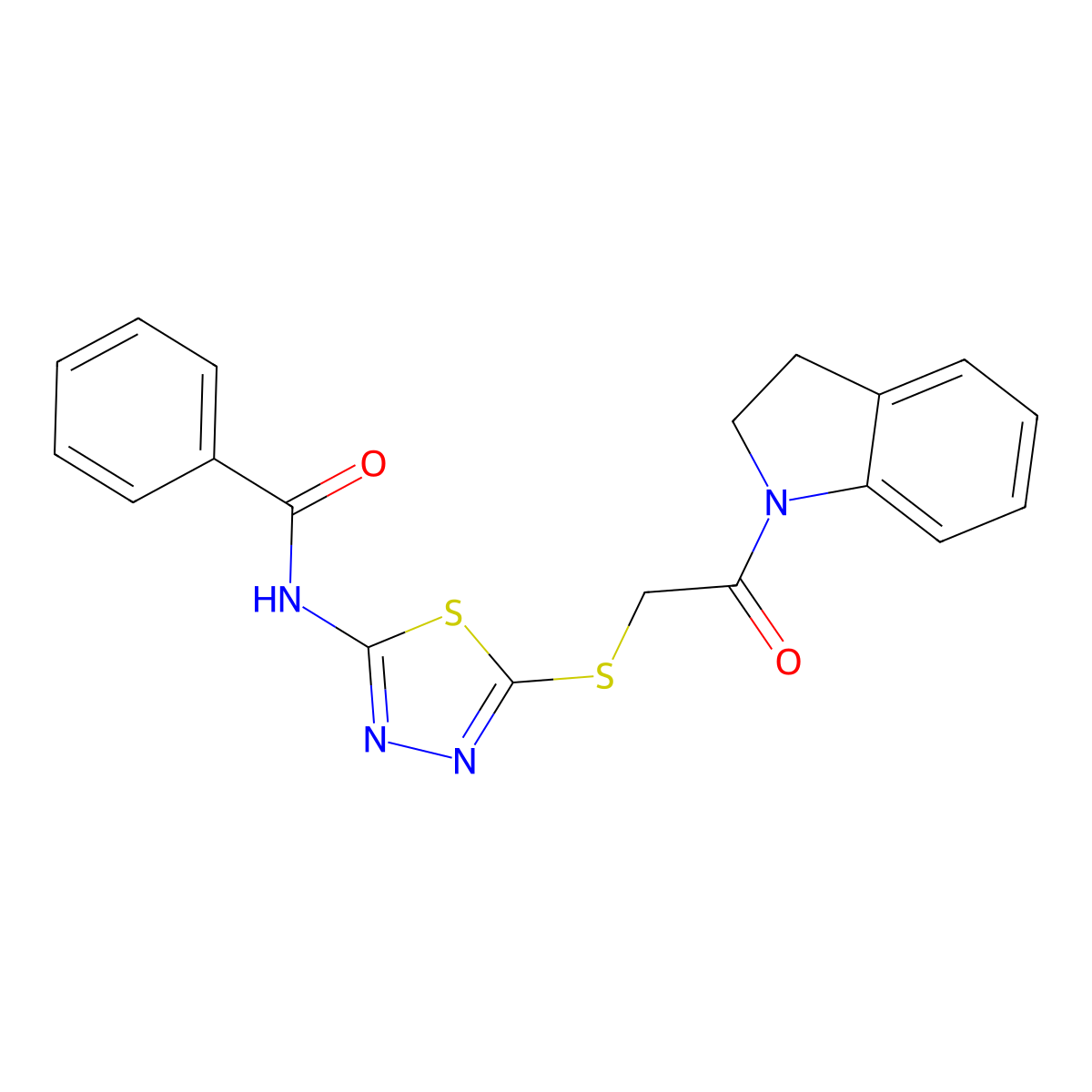 N-(5-((2-(indolin-1-yl)-2-oxoethyl)thio)-1,3,4-thiadiazol-2-yl)benzamide molecular structure, CAS 392300-69-5