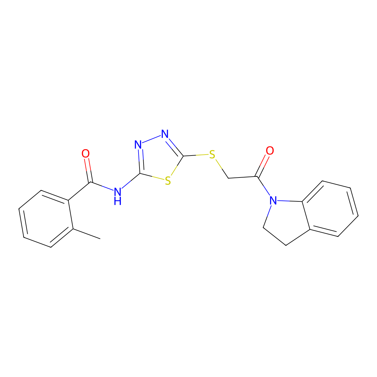 N-[5-[2-(2,3-dihydroindol-1-yl)-2-oxoethyl]sulfanyl-1,3,4-thiadiazol-2-yl]-2-methylbenzamide molecular structure, CAS 392300-70-8