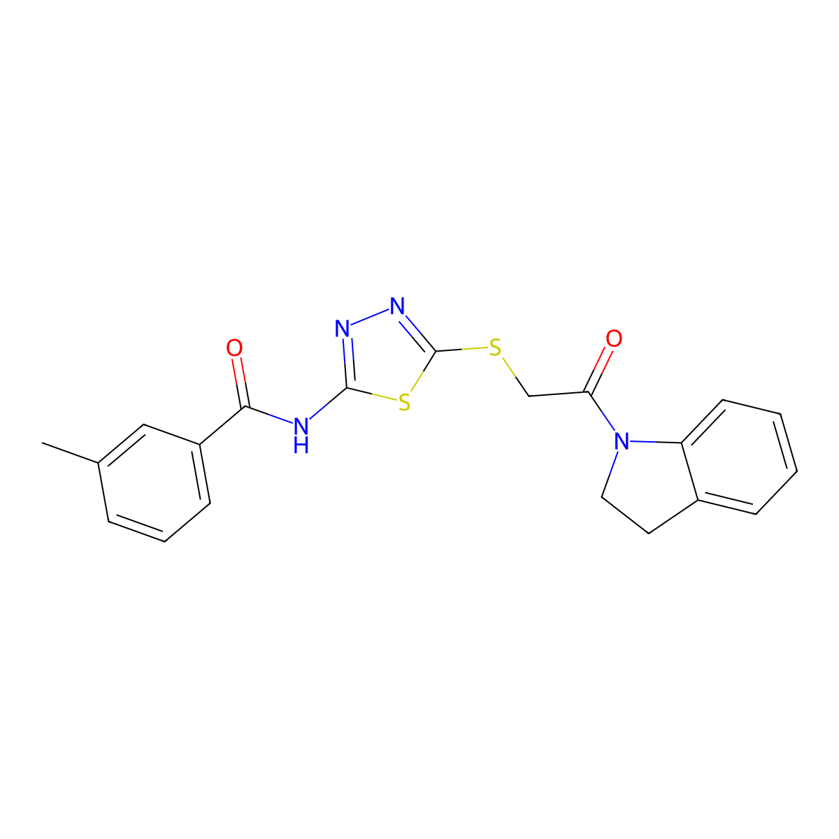 N-(5-{[2-(2,3-dihydro-1H-indol-1-yl)-2-oxoethyl]sulfanyl}-1,3,4-thiadiazol-2-yl)-3-methylbenzamide molecular structure, CAS 392300-71-9