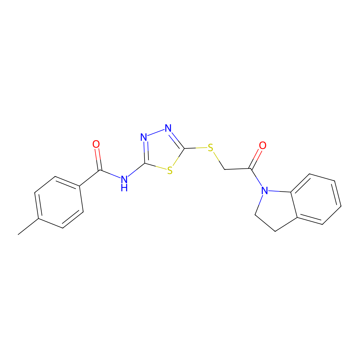 N-(5-((2-(indolin-1-yl)-2-oxoethyl)thio)-1,3,4-thiadiazol-2-yl)-4-methylbenzamide molecular structure, CAS 392300-72-0