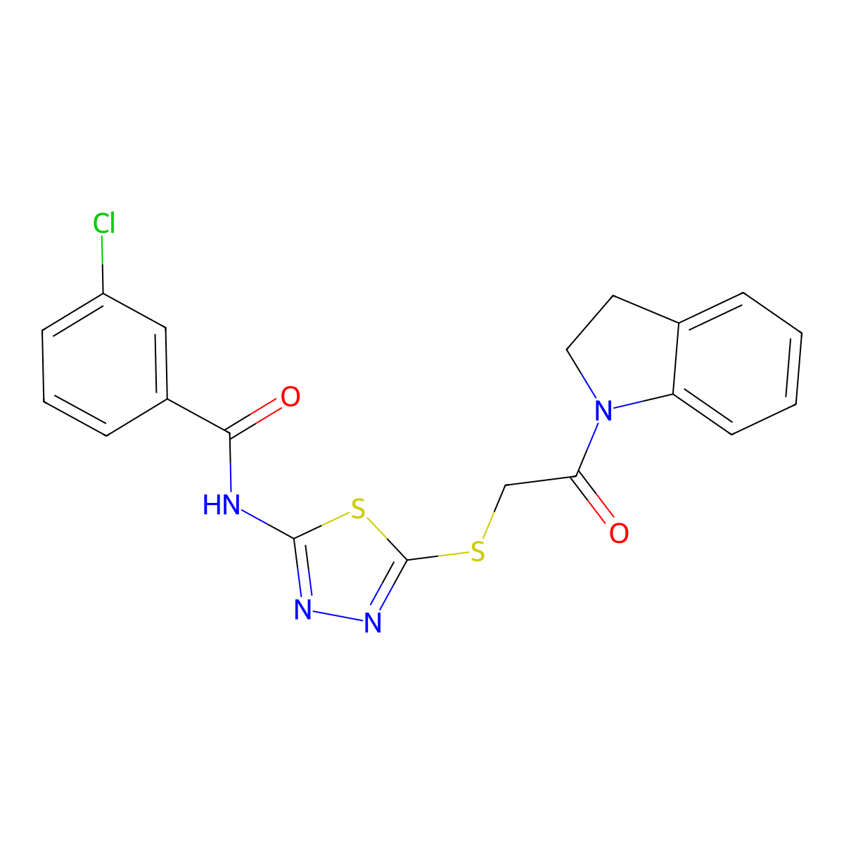 3-chloro-N-(5-((2-(indolin-1-yl)-2-oxoethyl)thio)-1,3,4-thiadiazol-2-yl)benzamide molecular structure, CAS 392300-74-2