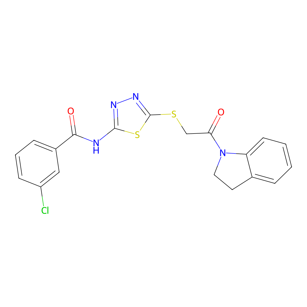 3-chloro-N-(5-((2-(indolin-1-yl)-2-oxoethyl)thio)-1,3,4-thiadiazol-2-yl)benzamide molecular structure, CAS 392300-74-2