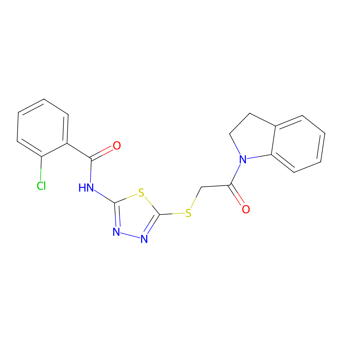 2-chloro-N-(5-((2-(indolin-1-yl)-2-oxoethyl)thio)-1,3,4-thiadiazol-2-yl)benzamide molecular structure, CAS 392300-75-3