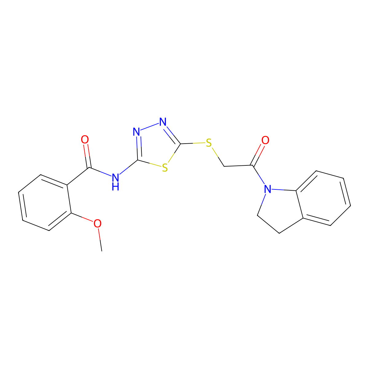 N-(5-((2-(indolin-1-yl)-2-oxoethyl)thio)-1,3,4-thiadiazol-2-yl)-2-methoxybenzamide molecular structure, CAS 392300-76-4