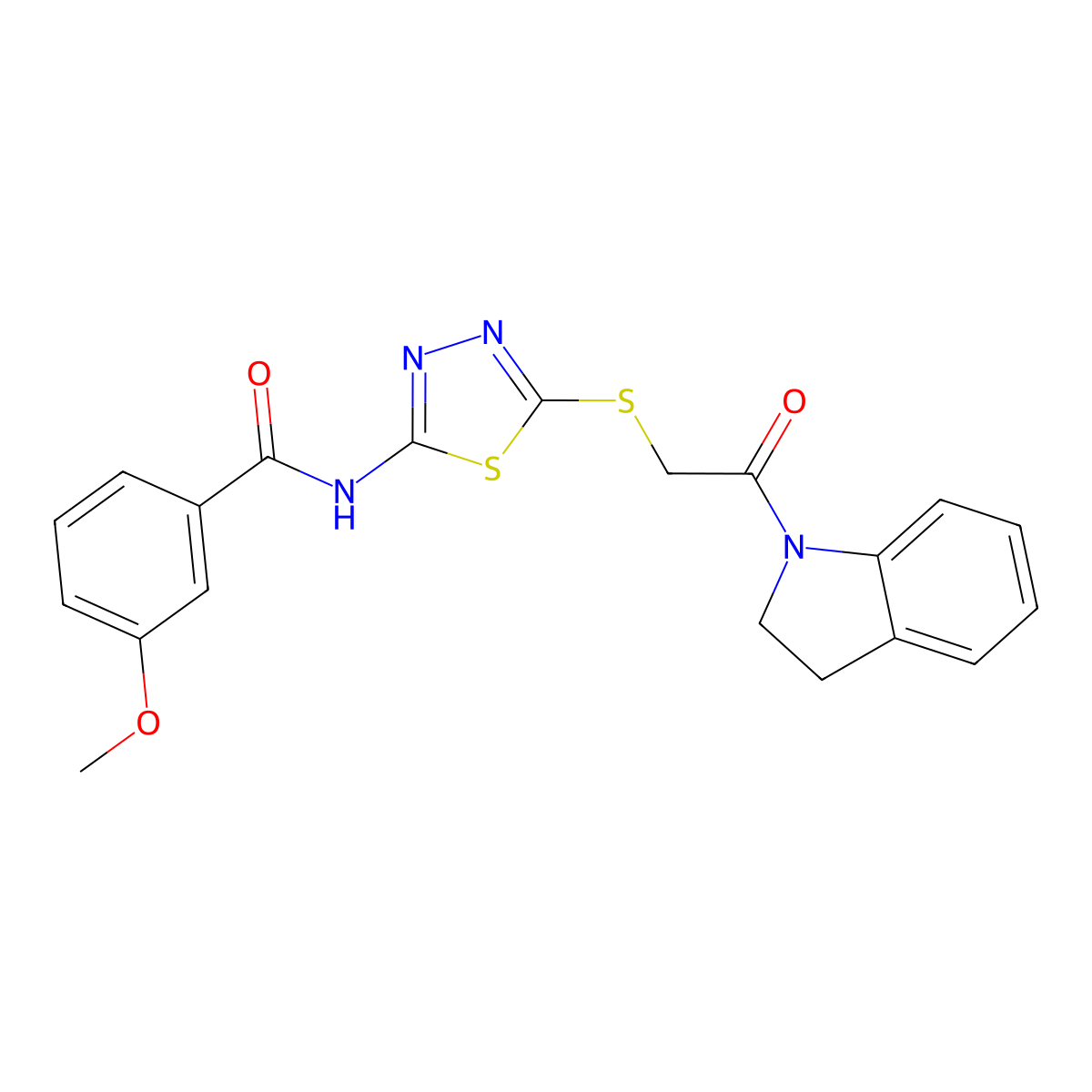 N-(5-((2-(indolin-1-yl)-2-oxoethyl)thio)-1,3,4-thiadiazol-2-yl)-3-methoxybenzamide molecular structure, CAS 392300-77-5