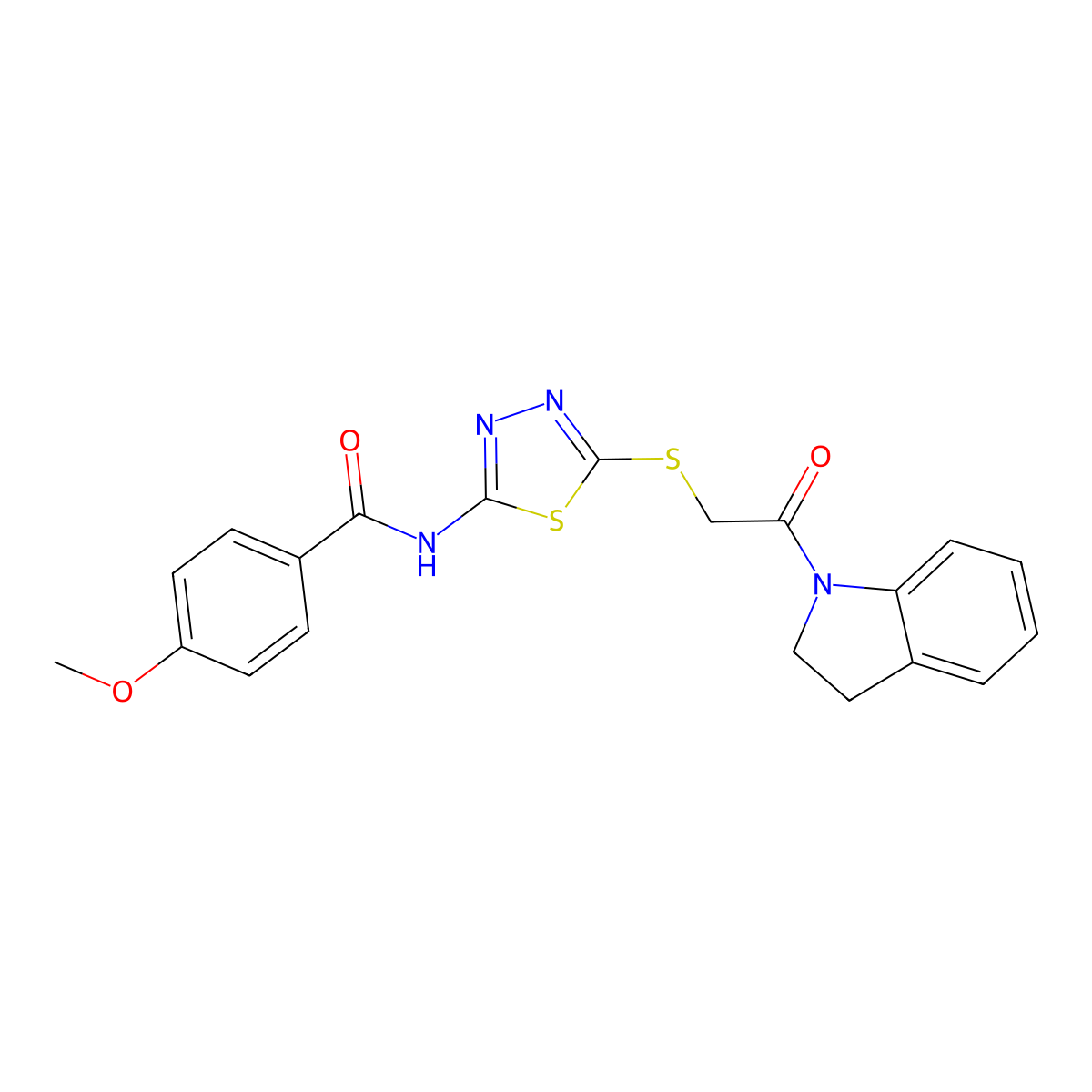 N-(5-((2-(indolin-1-yl)-2-oxoethyl)thio)-1,3,4-thiadiazol-2-yl)-4-methoxybenzamide molecular structure, CAS 392300-78-6