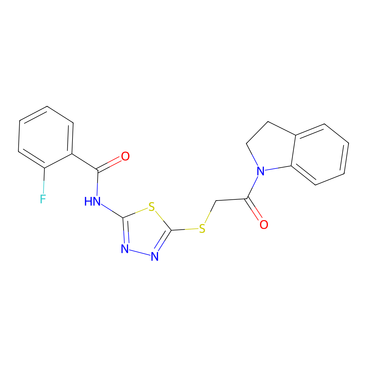 2-fluoro-N-(5-((2-(indolin-1-yl)-2-oxoethyl)thio)-1,3,4-thiadiazol-2-yl)benzamide molecular structure, CAS 392300-82-2