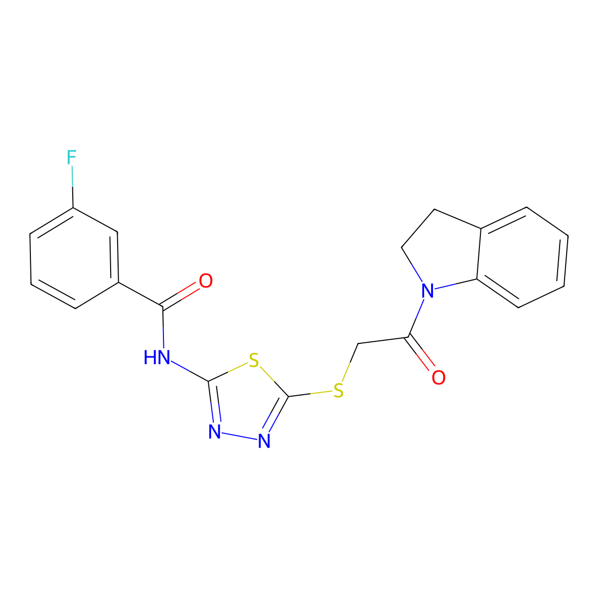 3-fluoro-N-(5-((2-(indolin-1-yl)-2-oxoethyl)thio)-1,3,4-thiadiazol-2-yl)benzamide molecular structure, CAS 392300-83-3