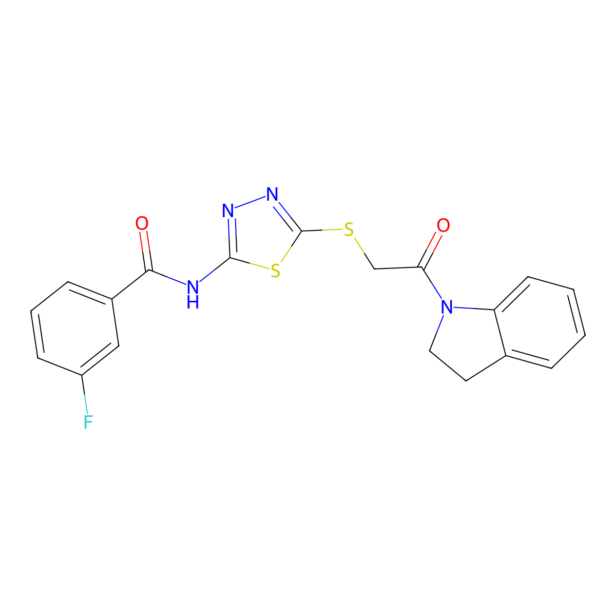 3-fluoro-N-(5-((2-(indolin-1-yl)-2-oxoethyl)thio)-1,3,4-thiadiazol-2-yl)benzamide molecular structure, CAS 392300-83-3