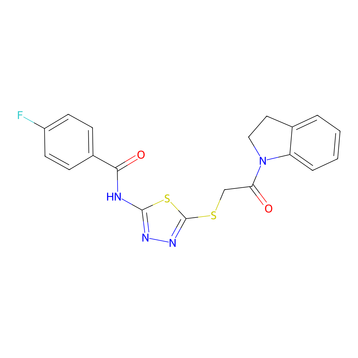 4-fluoro-N-(5-((2-(indolin-1-yl)-2-oxoethyl)thio)-1,3,4-thiadiazol-2-yl)benzamide molecular structure, CAS 392300-84-4