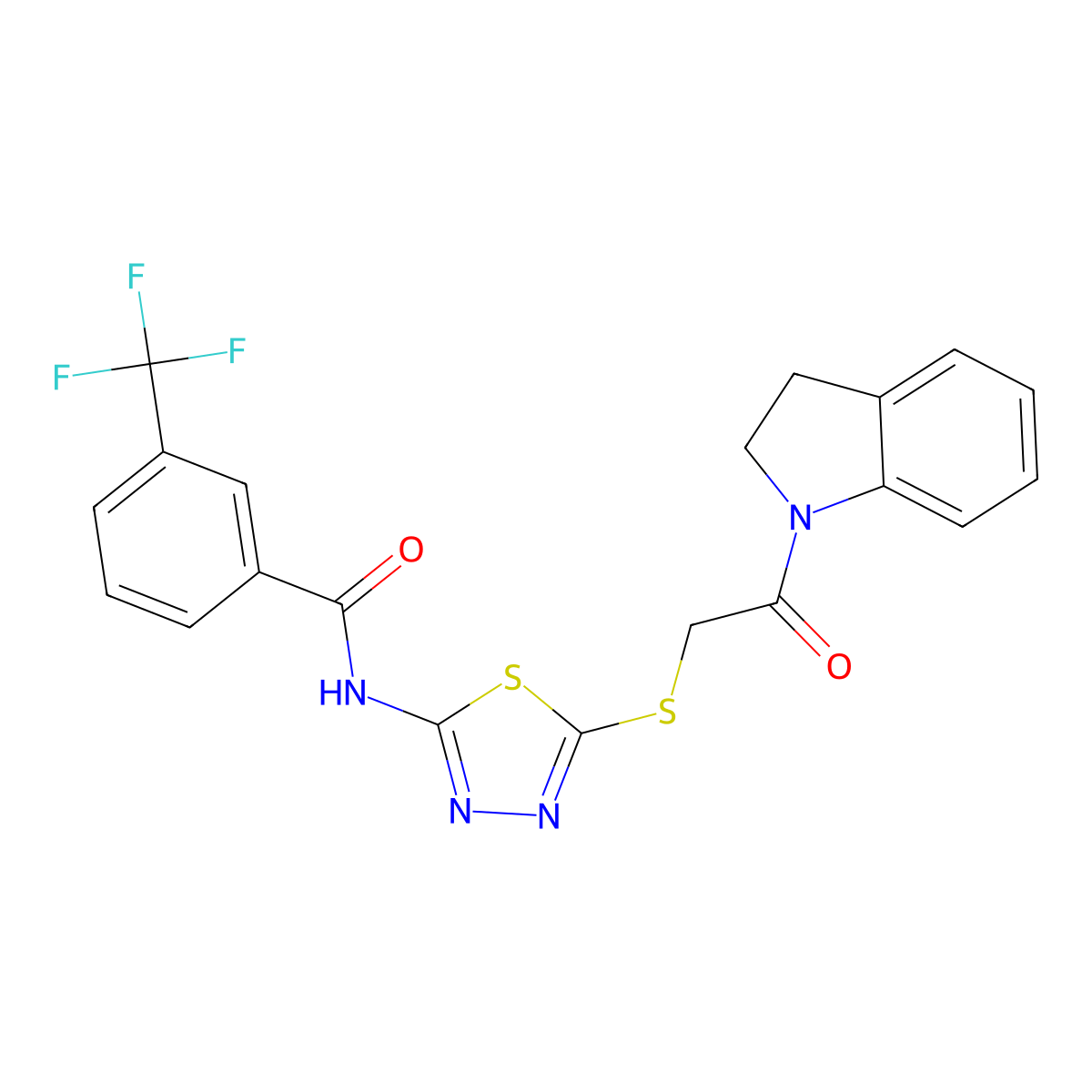 N-(5-((2-(indolin-1-yl)-2-oxoethyl)thio)-1,3,4-thiadiazol-2-yl)-3-(trifluoromethyl)benzamide molecular structure, CAS 392300-85-5