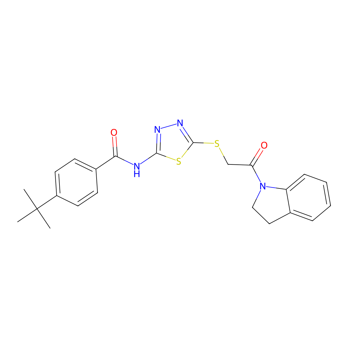 4-(tert-butyl)-N-(5-((2-(indolin-1-yl)-2-oxoethyl)thio)-1,3,4-thiadiazol-2-yl)benzamide molecular structure, CAS 392300-86-6