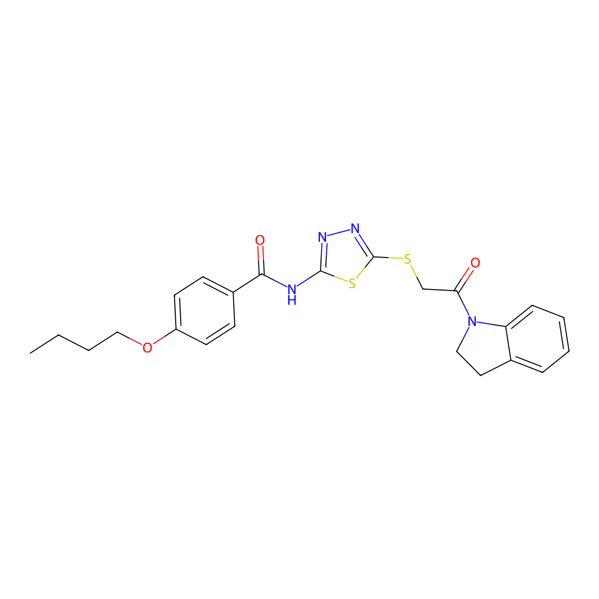 4-butoxy-N-(5-((2-(indolin-1-yl)-2-oxoethyl)thio)-1,3,4-thiadiazol-2-yl)benzamide molecular structure, CAS 392300-89-9