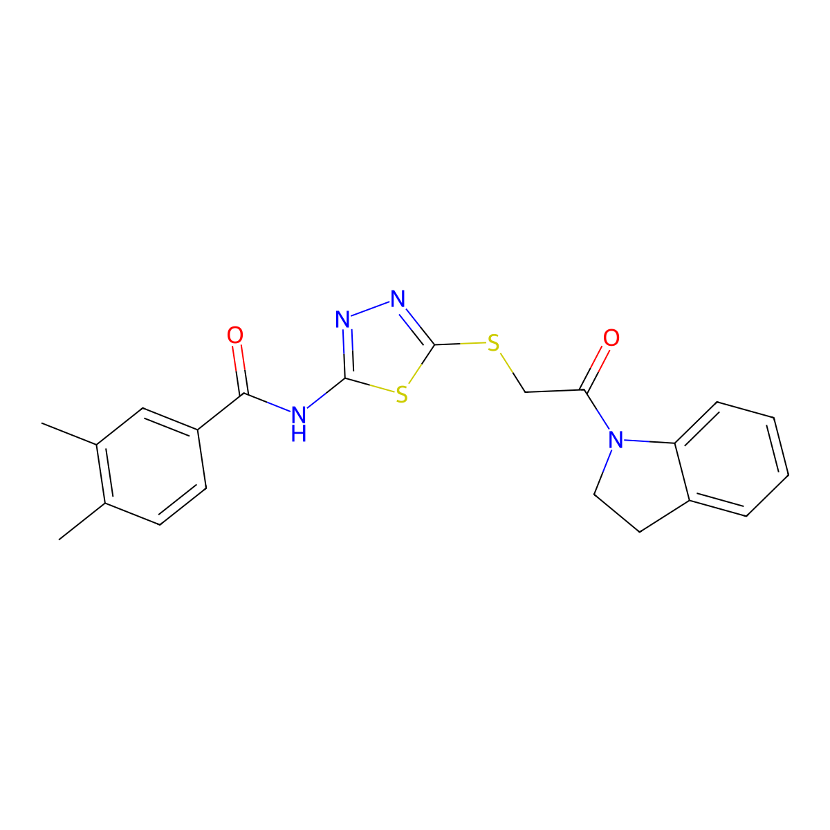 N-(5-((2-(indolin-1-yl)-2-oxoethyl)thio)-1,3,4-thiadiazol-2-yl)-3,4-dimethylbenzamide molecular structure, CAS 392300-90-2