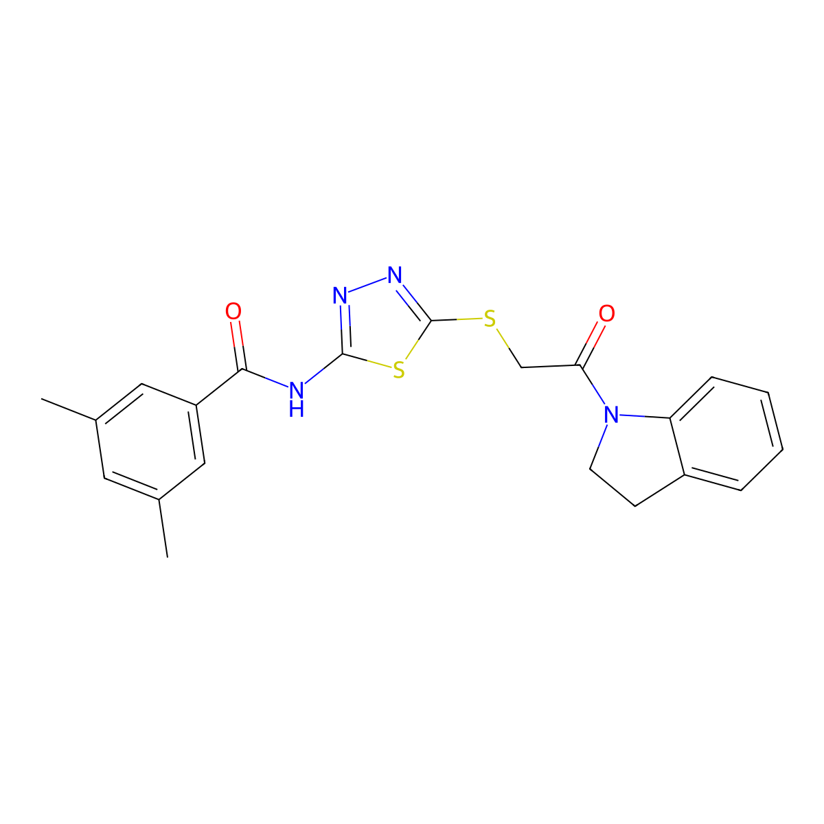 N-(5-((2-(indolin-1-yl)-2-oxoethyl)thio)-1,3,4-thiadiazol-2-yl)-3,5-dimethylbenzamide molecular structure, CAS 392300-91-3