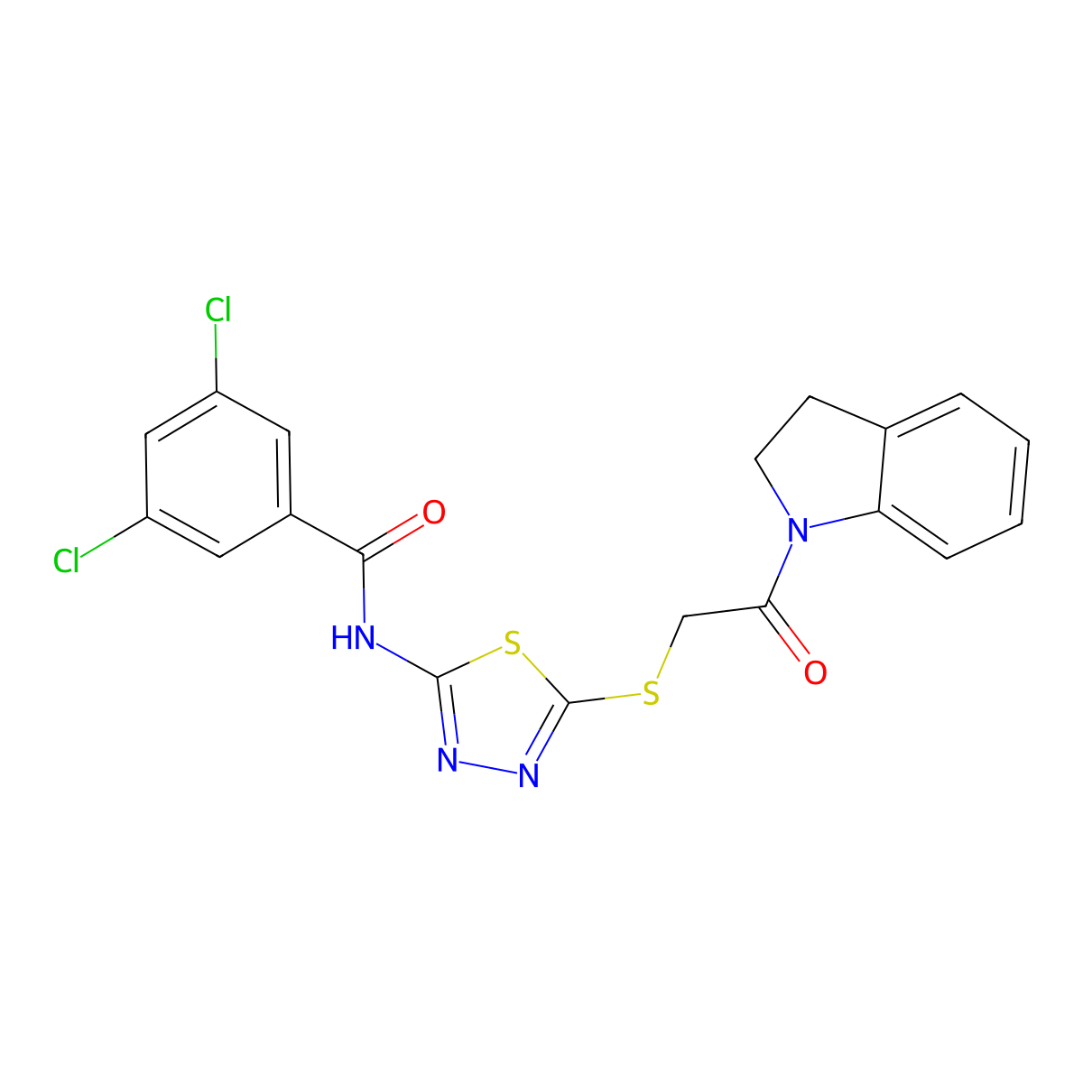 3,5-dichloro-N-(5-((2-(indolin-1-yl)-2-oxoethyl)thio)-1,3,4-thiadiazol-2-yl)benzamide molecular structure, CAS 392300-92-4