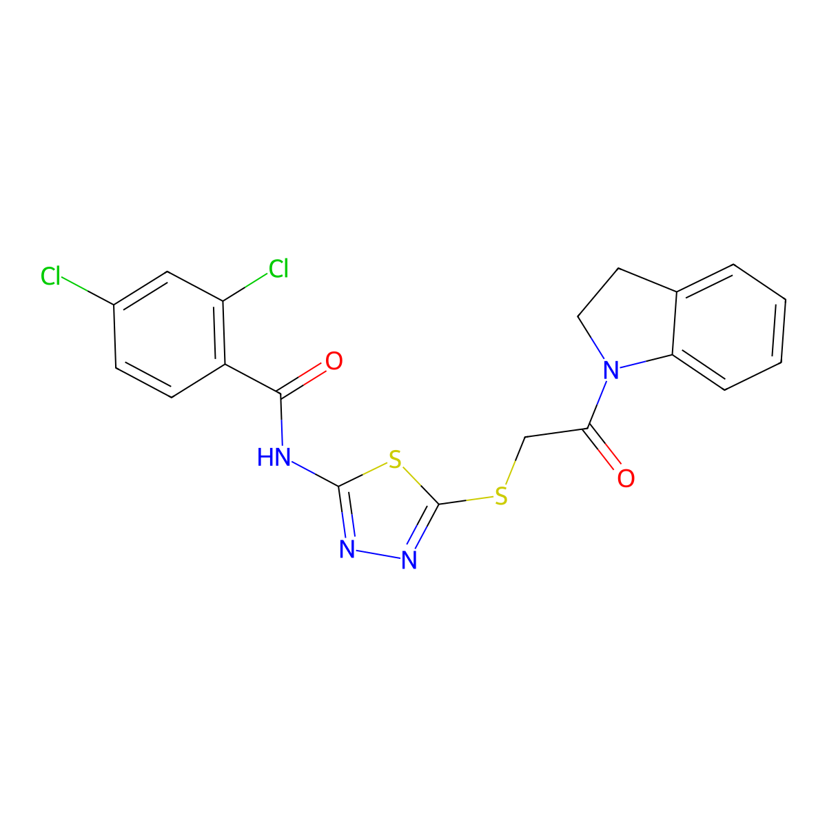2,4-dichloro-N-(5-((2-(indolin-1-yl)-2-oxoethyl)thio)-1,3,4-thiadiazol-2-yl)benzamide molecular structure, CAS 392300-93-5