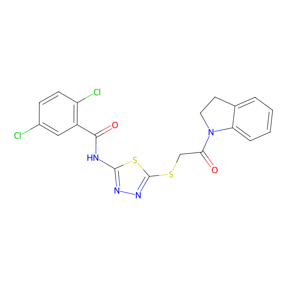 2,5-dichloro-N-(5-((2-(indolin-1-yl)-2-oxoethyl)thio)-1,3,4-thiadiazol-2-yl)benzamide molecular structure, CAS 392300-94-6
