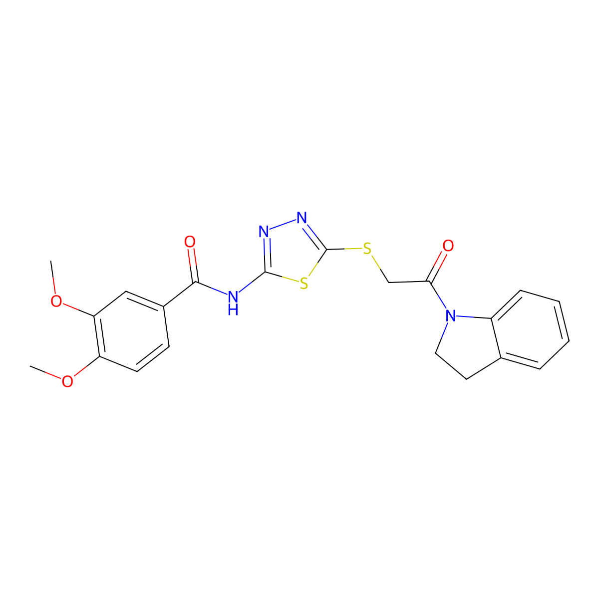 N-(5-((2-(indolin-1-yl)-2-oxoethyl)thio)-1,3,4-thiadiazol-2-yl)-3,4-dimethoxybenzamide molecular structure, CAS 392300-95-7