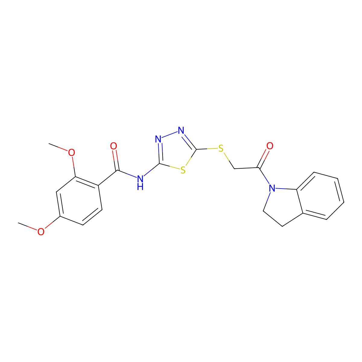 N-(5-((2-(indolin-1-yl)-2-oxoethyl)thio)-1,3,4-thiadiazol-2-yl)-2,4-dimethoxybenzamide molecular structure, CAS 392300-96-8