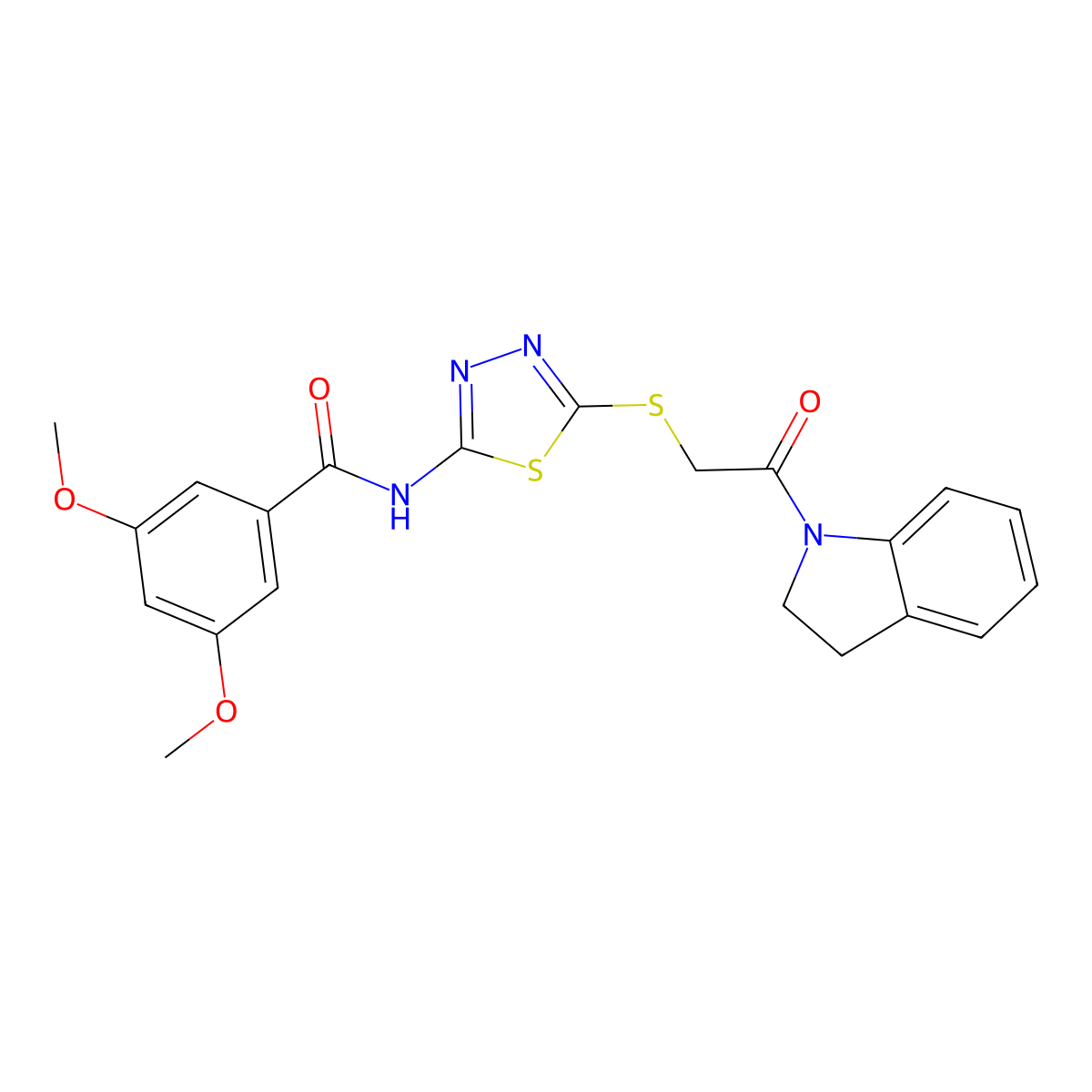 N-(5-((2-(indolin-1-yl)-2-oxoethyl)thio)-1,3,4-thiadiazol-2-yl)-3,5-dimethoxybenzamide molecular structure, CAS 392300-97-9