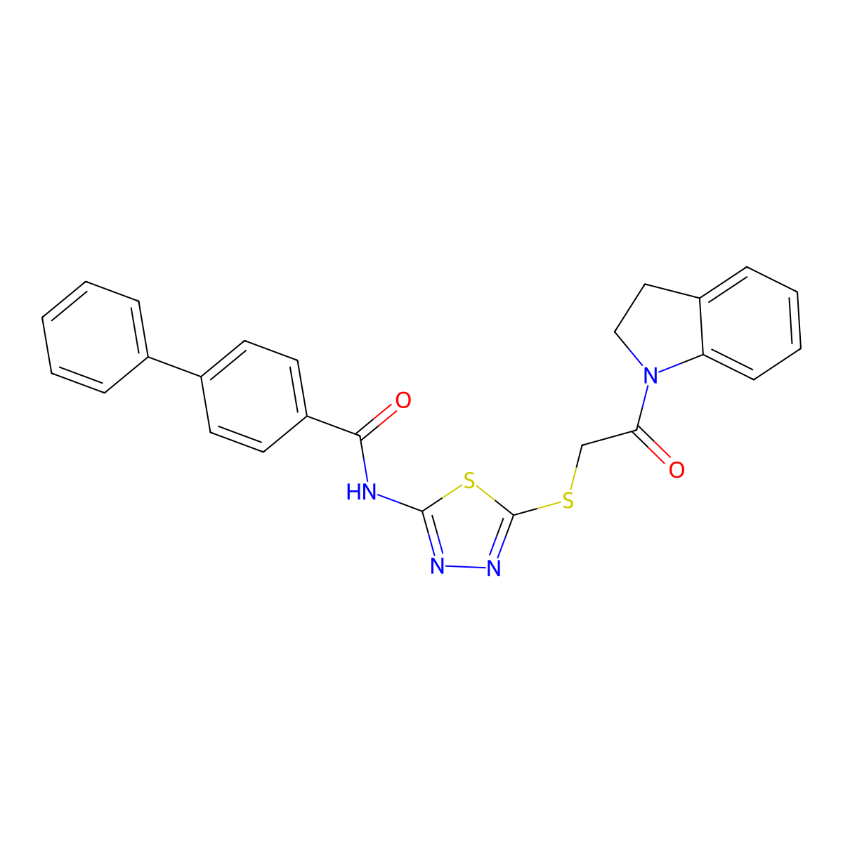 N-(5-((2-(indolin-1-yl)-2-oxoethyl)thio)-1,3,4-thiadiazol-2-yl)-[1,1'-biphenyl]-4-carboxamide molecular structure, CAS 392301-01-8