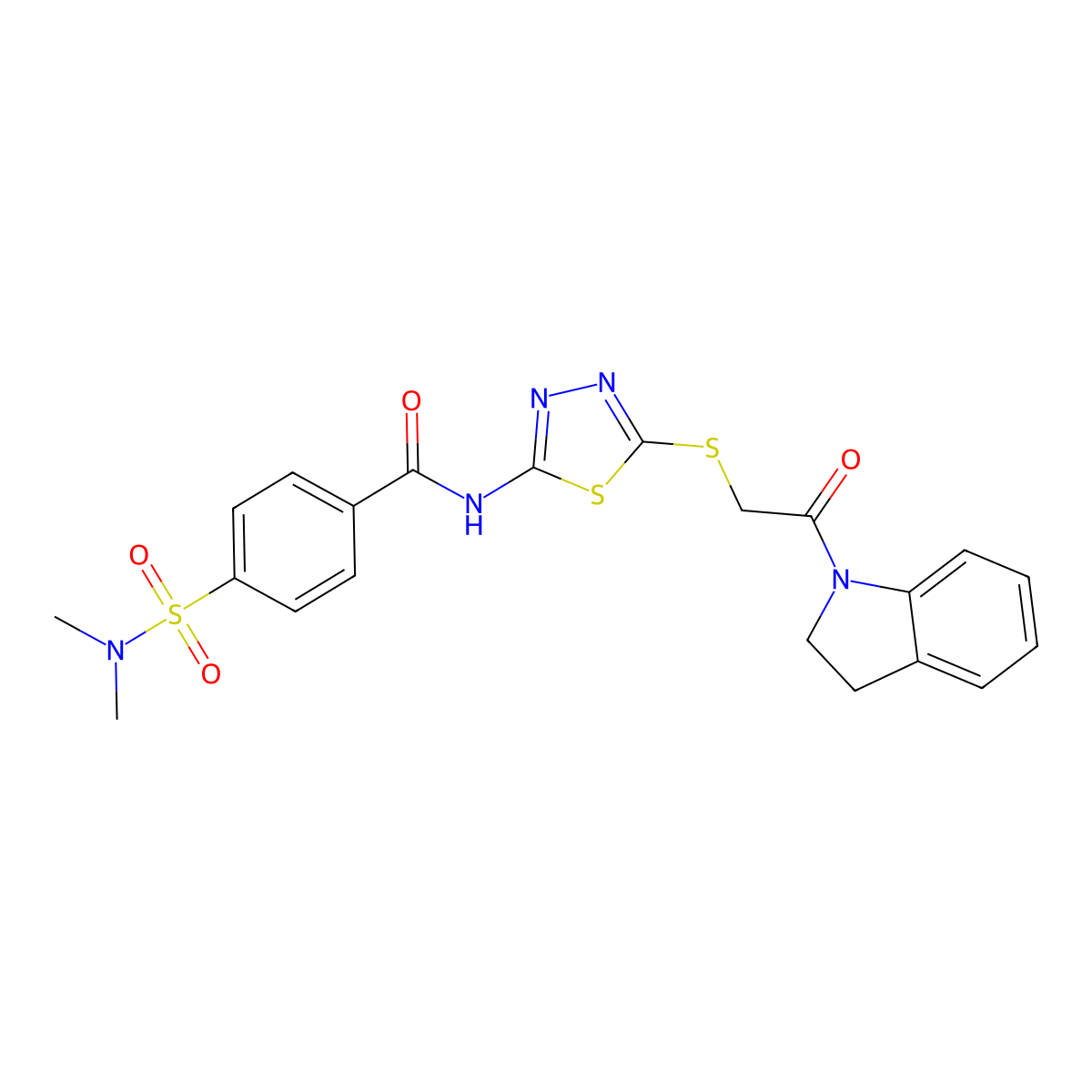 4-(N,N-dimethylsulfamoyl)-N-(5-((2-(indolin-1-yl)-2-oxoethyl)thio)-1,3,4-thiadiazol-2-yl)benzamide molecular structure, CAS 392301-02-9