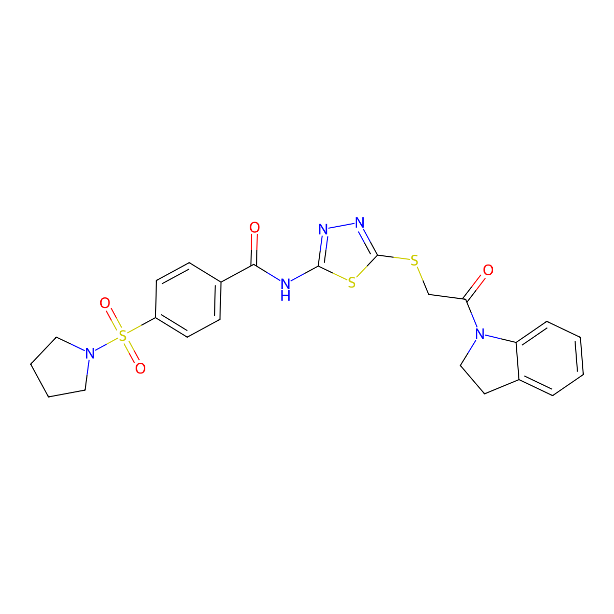 N-(5-((2-(indolin-1-yl)-2-oxoethyl)thio)-1,3,4-thiadiazol-2-yl)-4-(pyrrolidin-1-ylsulfonyl)benzamide molecular structure, CAS 392301-06-3