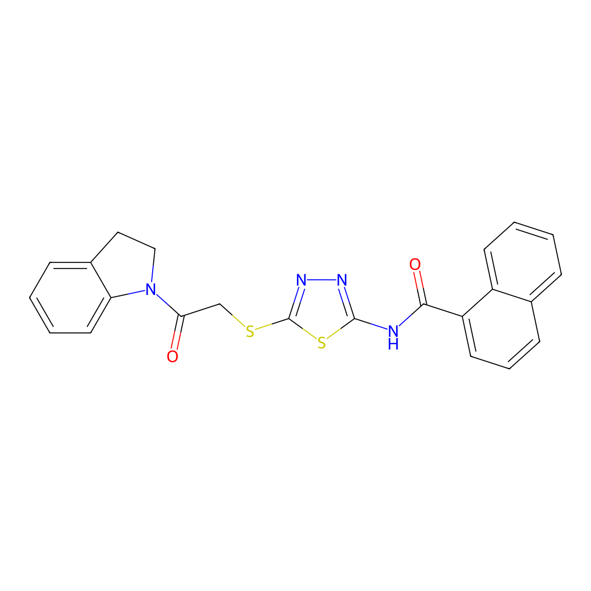 N-(5-((2-(indolin-1-yl)-2-oxoethyl)thio)-1,3,4-thiadiazol-2-yl)-1-naphthamide molecular structure, CAS 392301-08-5