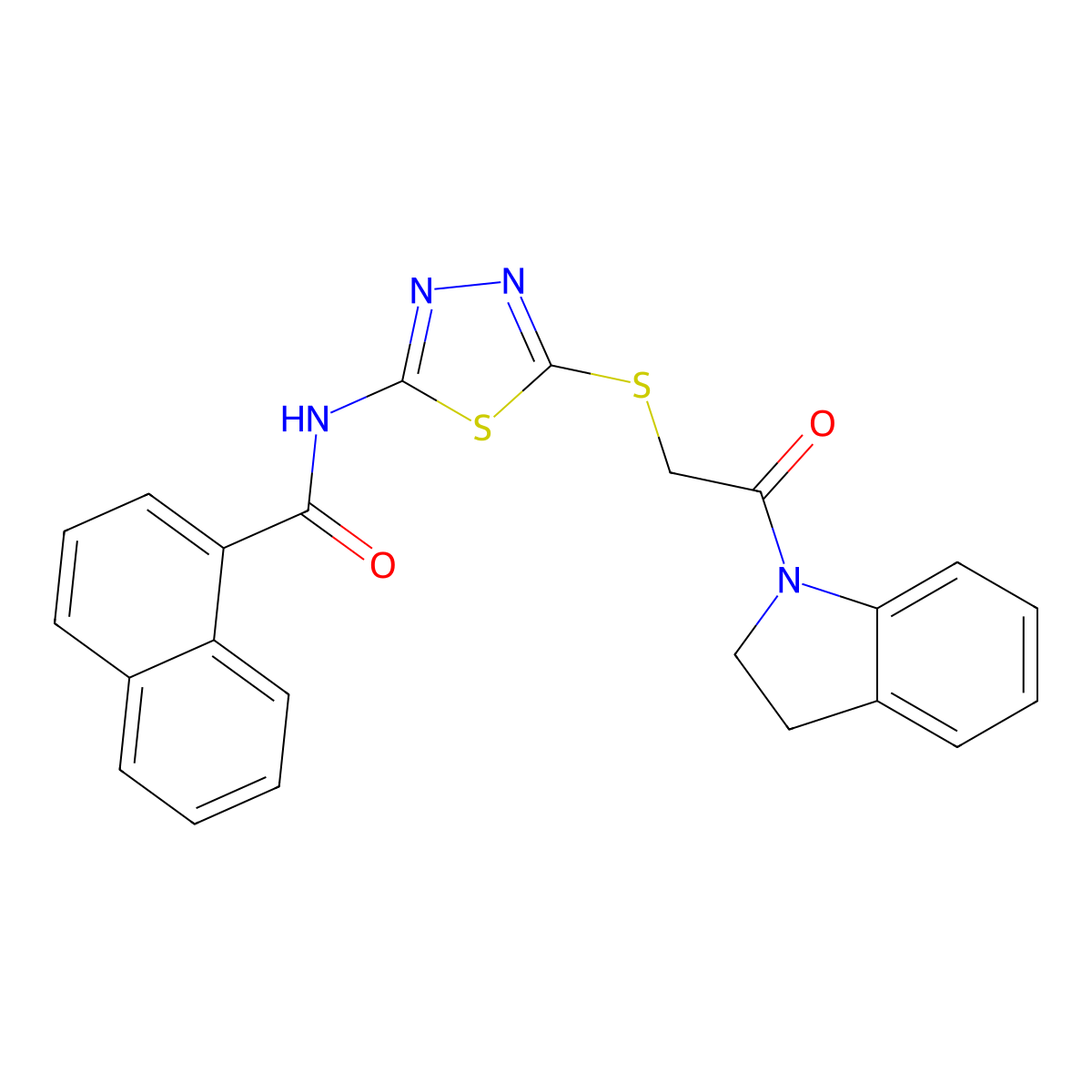 N-(5-((2-(indolin-1-yl)-2-oxoethyl)thio)-1,3,4-thiadiazol-2-yl)-1-naphthamide molecular structure, CAS 392301-08-5