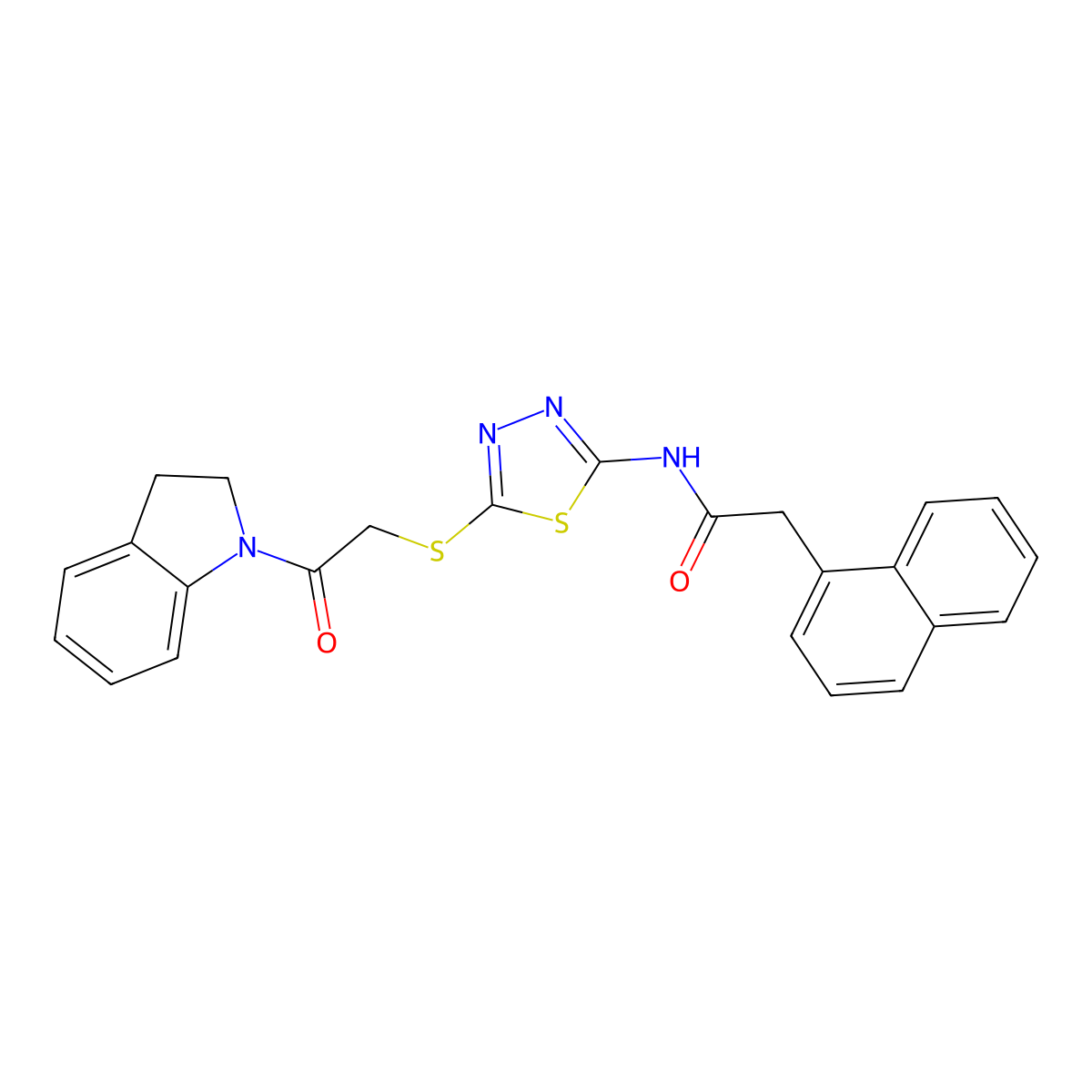 N-(5-((2-(indolin-1-yl)-2-oxoethyl)thio)-1,3,4-thiadiazol-2-yl)-2-(naphthalen-1-yl)acetamide molecular structure, CAS 392301-09-6