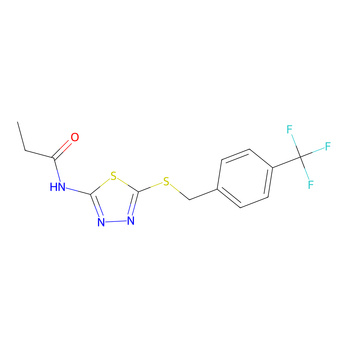 N-(5-((4-(trifluoromethyl)benzyl)thio)-1,3,4-thiadiazol-2-yl)propionamide molecular structure, CAS 392301-11-0
