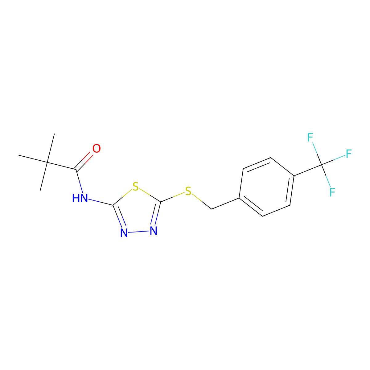 N-(5-((4-(trifluoromethyl)benzyl)thio)-1,3,4-thiadiazol-2-yl)pivalamide molecular structure, CAS 392301-12-1