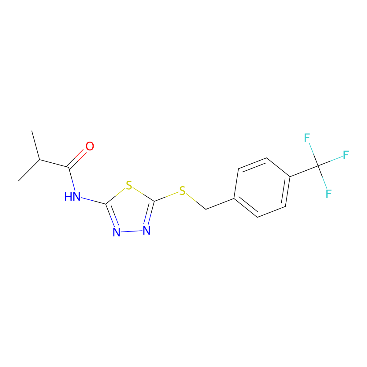 N-(5-((4-(trifluoromethyl)benzyl)thio)-1,3,4-thiadiazol-2-yl)isobutyramide molecular structure, CAS 392301-13-2