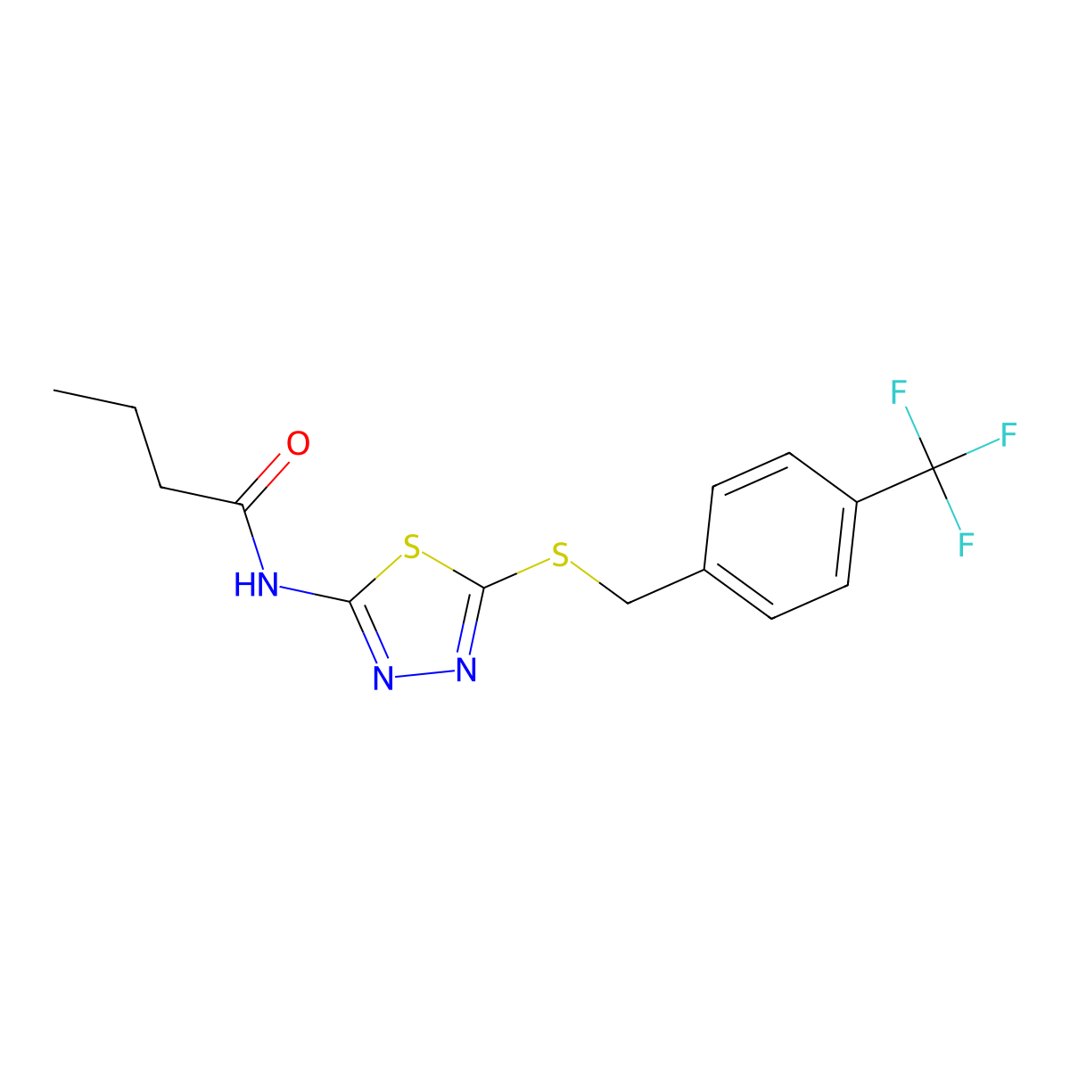 N-(5-((4-(trifluoromethyl)benzyl)thio)-1,3,4-thiadiazol-2-yl)butyramide molecular structure, CAS 392301-14-3