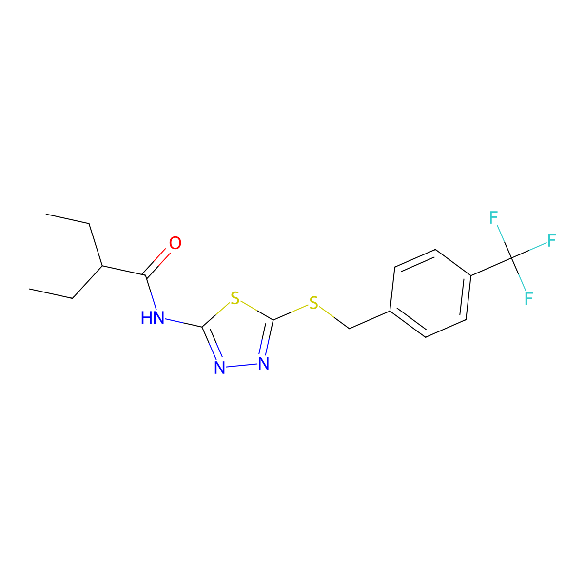 2-ethyl-N-(5-((4-(trifluoromethyl)benzyl)thio)-1,3,4-thiadiazol-2-yl)butanamide molecular structure, CAS 392301-15-4