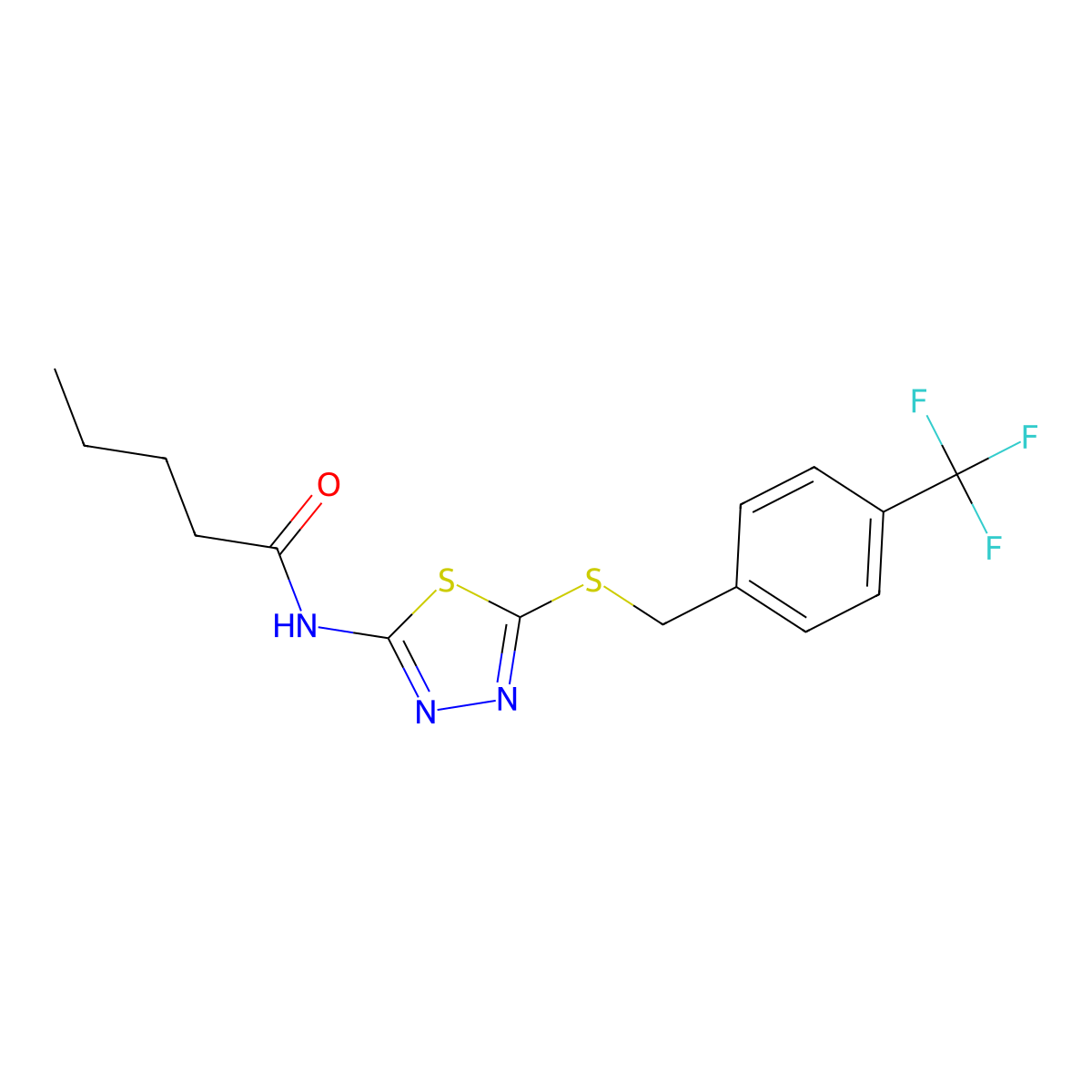 N-(5-((4-(trifluoromethyl)benzyl)thio)-1,3,4-thiadiazol-2-yl)pentanamide molecular structure, CAS 392301-16-5